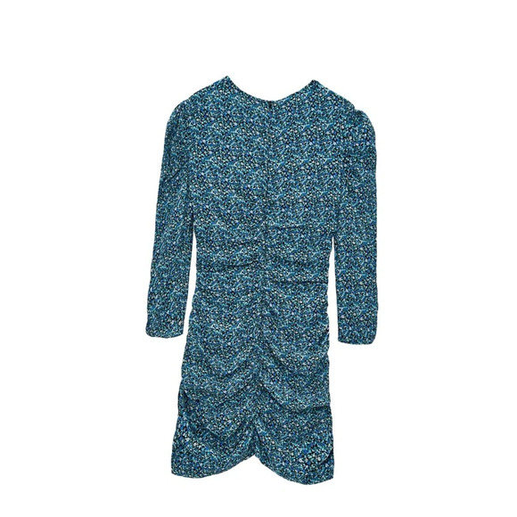 Zara Blue & White Floral Ruched Bodycon Dress Mini Length Long Sleeve Medium - Picture 2 of 12